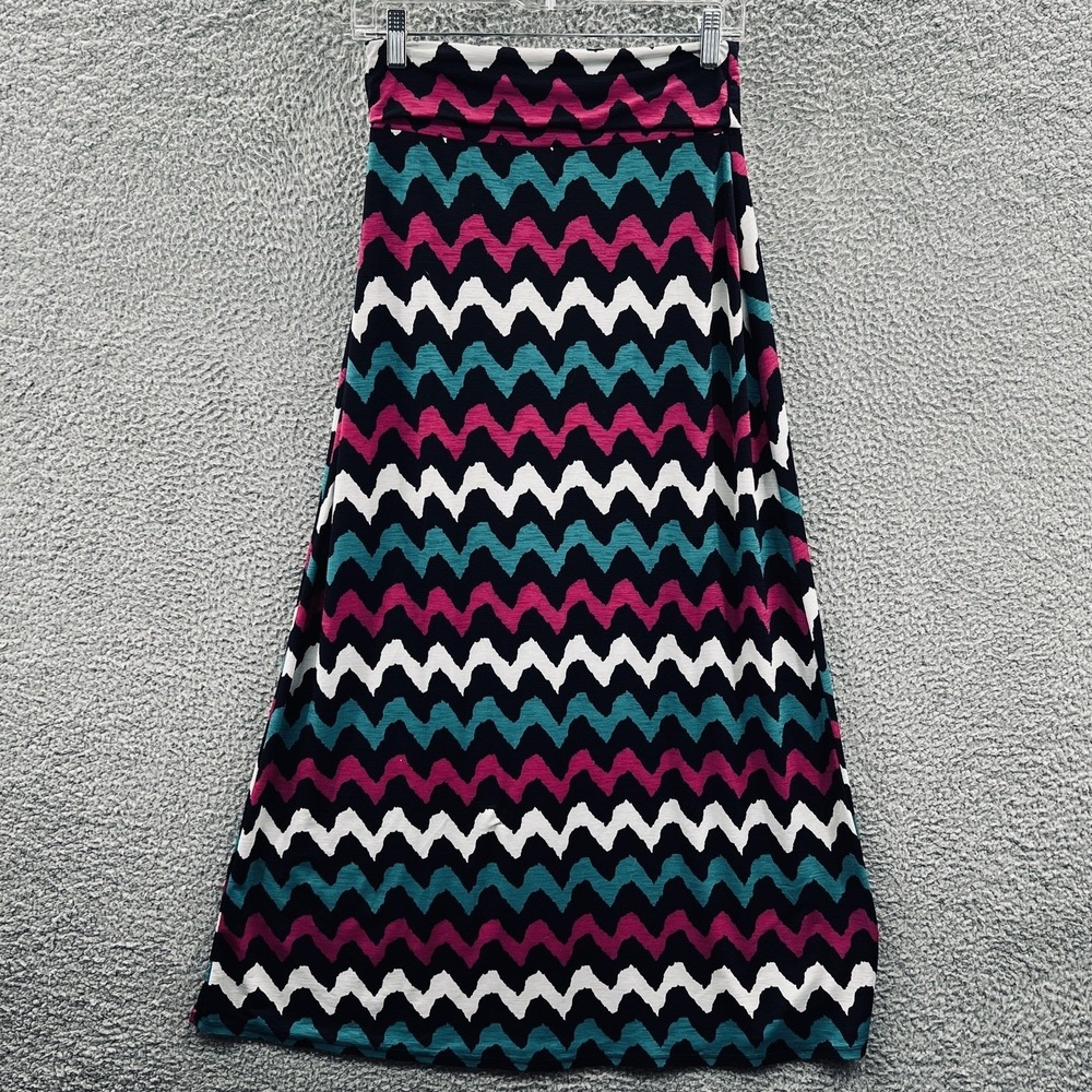 Womens Artsy Boho Maxi Skirt M Chevron Zigzag Stretch Flowy Retro Indie Pull On‎